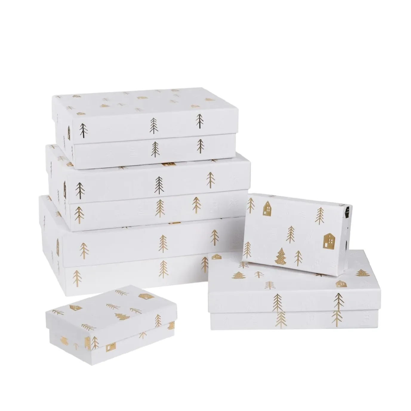 6er Set Geschenkkarton Prägung, Haus/weiß/gold
