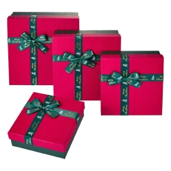 4er Set Geschenkkarton Schleife, Dunkelgrün/rot