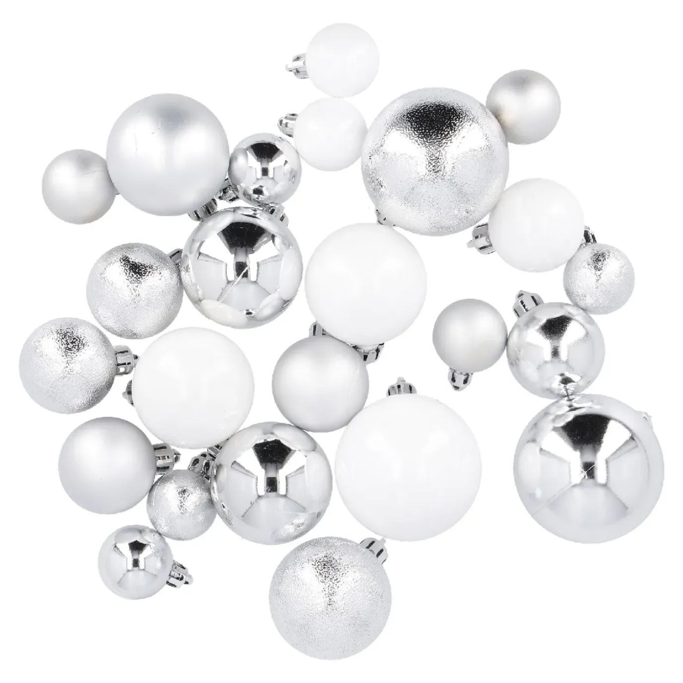 24er Weihnachtskugeln Mix, Silber/weiß