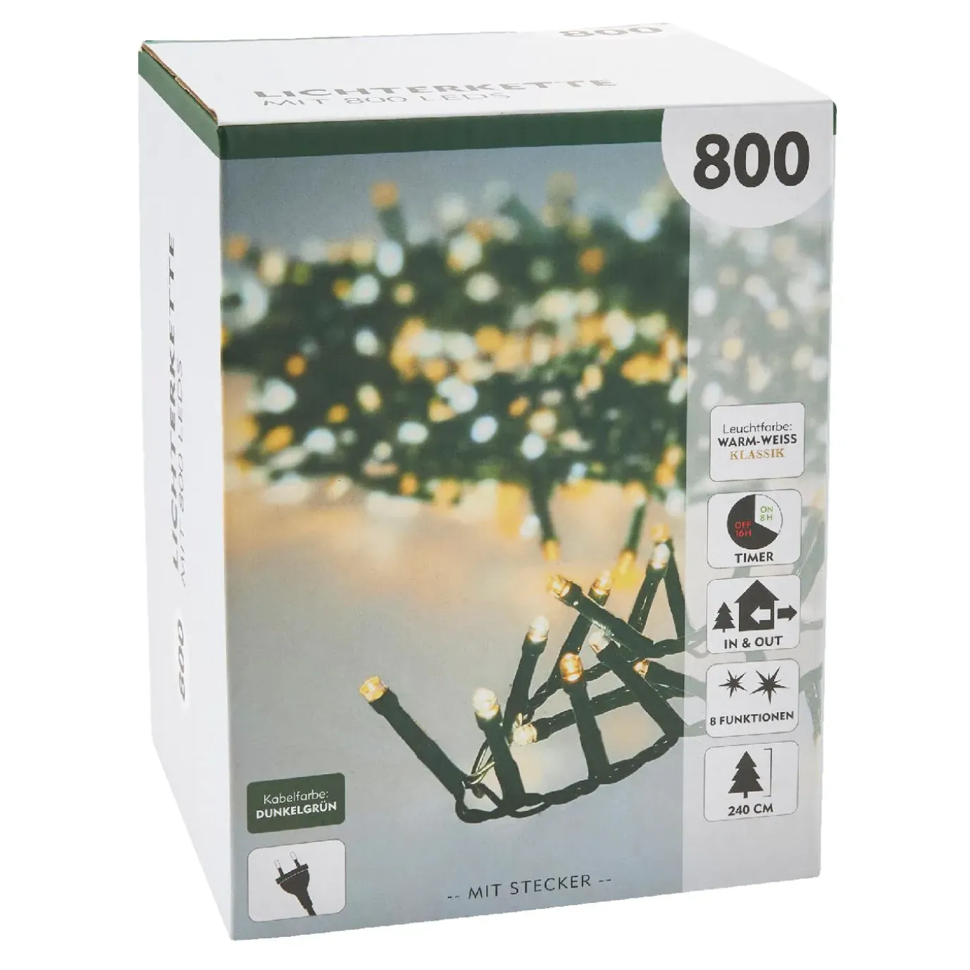 LED-Lichterkette, 8 Funktionen, Warm-weiß, 800 LED